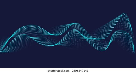 Flowing dots particles wave pattern in blue green colors. Vector curve light line. Abstract background banner design for music, Ai technology, neural network concept