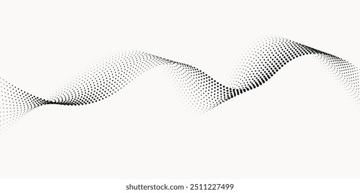 Flowing dots particles wave pattern halftone gradient curve shape isolated on white background. Vector in concept of technology, science, music