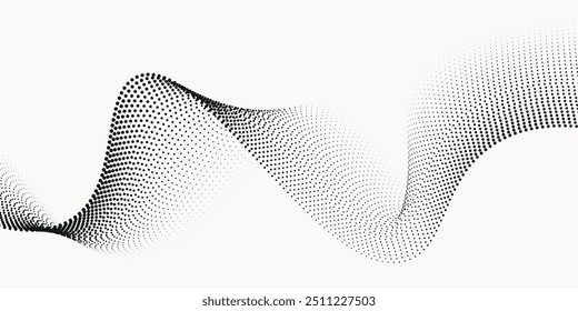 Patrón de onda de partículas de puntos fluidos forma de curva de gradiente de semitono aislado sobre fondo blanco. Vector en concepto de tecnología, ciencia, música