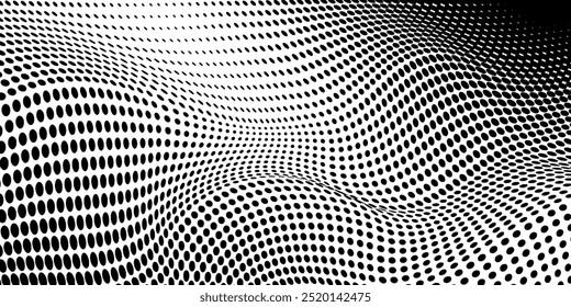 Flowing dots particles wave pattern 3D curve halftone black gradient curve shape isolated on white background. Vector in concept of technology, science, music, modern	
