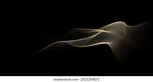 Flowing dots particles wave pattern 3D curve halftone gold gradient curve shape isolated on black background. Vector in concept of luxury, technology, science, music, modern.