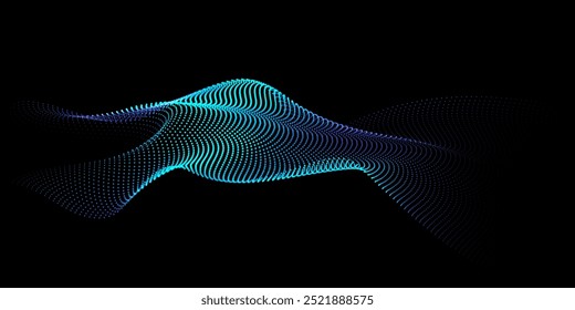 Flowing dots particles wave pattern 3D curve halftone blue green gradient curve shape isolated on black background. Vector in concept of technology, science, music, modern.