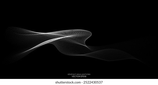 Flowing dots particles wave pattern 3D curve halftone grey gradient curve shape isolated on black background. Vector in concept of technology, science, music, modern.