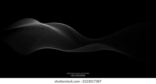 Flowing dots particles wave pattern 3D curve halftone grey gradient curve shape isolated on black background. Vector in concept of technology, science, music, modern.
