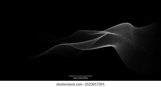 Patrón de onda de partículas de puntos que fluyen Forma de curva de gradiente gris de semitono 3D aislada sobre fondo negro. Vector en concepto de tecnología, ciencia, música, moderno.