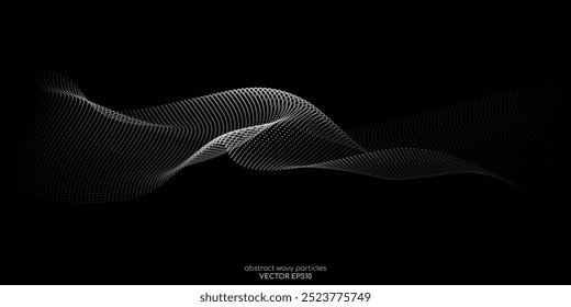 Patrón de onda de partículas de puntos que fluyen Forma de curva de gradiente gris de semitono 3D aislada sobre fondo negro. Vector en concepto de tecnología, ciencia, música, moderno.