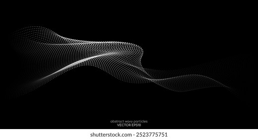 Flowing dots particles wave pattern 3D curve halftone grey gradient curve shape isolated on black background. Vector in concept of technology, science, music, modern.