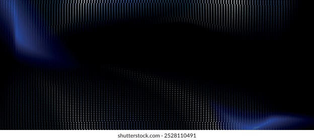 Flowing dots particles wave pattern 3D curve halftone blue green gradient curve shape isolated on black background. Vector in concept of technology,