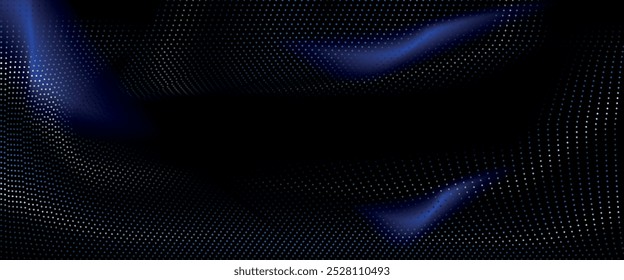 Flowing dots particles wave pattern 3D curve halftone blue green gradient curve shape isolated on black background. Vector in concept of technology,