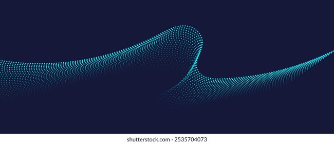 Flowing dots particles wave pattern in blue green colors. Vector curve light line. Abstract background banner design for music, Ai technology, neural network concept