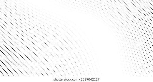 Flowing dots particles wave pattern halftone gradient curve shape isolated on white background. eps10.