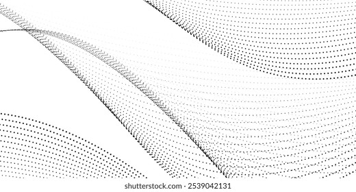 Flowing dots particles wave pattern halftone gradient curve shape isolated on white background.