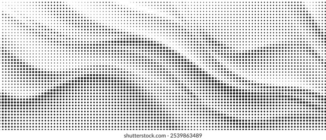 Flowing dots particles wave pattern halftone gradient curve shape isolated on white background. Vector in concept of technology
