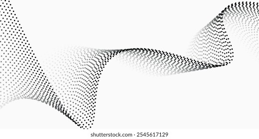 Flowing dots particles wave pattern halftone gradient curve shape isolated on transparent background. Vector in concept of technology,