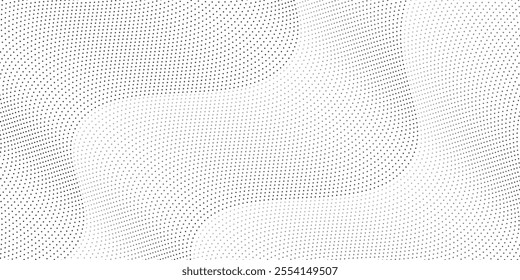 Flowing dots particles wave pattern halftone gradient curve shape isolated on white background. Vector in concept of technology, science, music, modern.