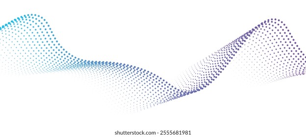 Flowing dots particles wave pattern 3D curve halftone black gradient curve shape isolated on white background. Vector in concept of technology, science, music, modern	
