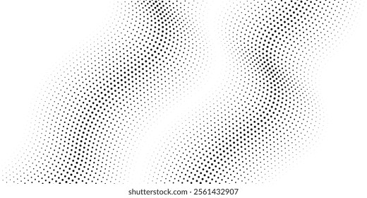 Flowing dots particles wave pattern halftone gradient curve shape isolated on white background. Vector in concept of technology, science, music