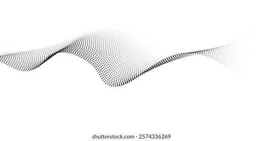 Flowing dots particles wave pattern halftone gradient curve shape isolated on white background.