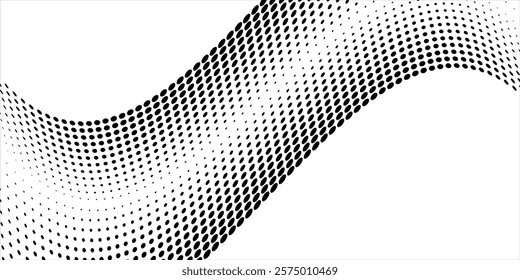 Flowing dots particles wave pattern 3D curve halftone black gradient curve shape isolated on white background. Vector in concept of technology, science, music, modern vector wave
