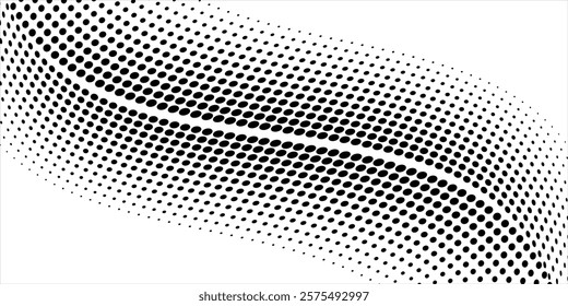 Flowing dots particles wave pattern 3D curve halftone black gradient curve shape isolated on white background. Vector in concept of technology, science, music, modern vector wave