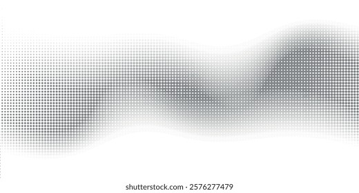 Flowing dots particles wave pattern 3D curve halftone black gradient curve shape isolated on white background. Vector in concept of technology, science, music, modern	
