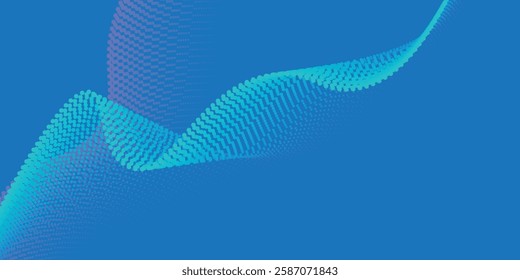 Flowing dots particles wave pattern halftone gradient curve shape isolated on blue background. Vector in concept of technology, science, music, modern.