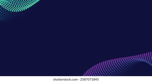 Flowing dots particles wave pattern halftone gradient curve shape isolated on blue background. Vector in concept of technology, science, music, modern.