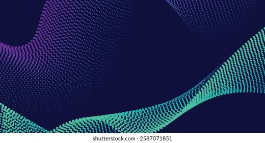 Flowing dots particles wave pattern halftone gradient curve shape isolated on blue background. Vector in concept of technology, science, music, modern.