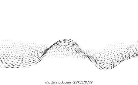 Flowing dots particles wave pattern halftone gradient curve shape isolated on white background. Clip art concept of technology, science, music, modern.