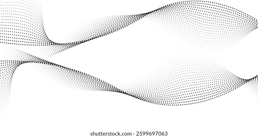 Flowing dots particles wave pattern halftone gradient curve shape isolated on white background. Vector in concept of technology, science, music, modern.