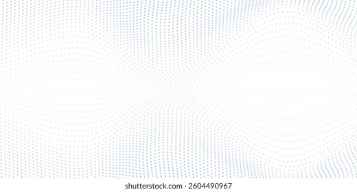 Flowing dots particles wave pattern halftone gradient curve shape isolated on white background. Vector in concept of technology, science, music, modern.