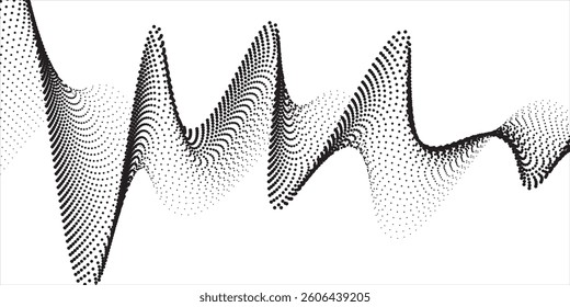 Flowing dots particles wave pattern halftone gradient curve shape isolated on white background. Vector in concept of technology, science, music, modern.