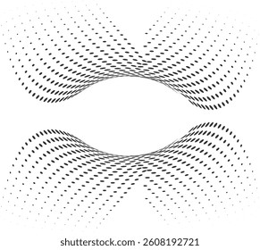 Flowing dots particles wave pattern halftone gradient curve shape isolated on white background. Vector in concept of technology, science