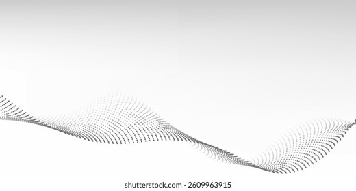 Flowing dots particles wave pattern halftone gradient curve shape isolated on white background. Vector in concept of technology