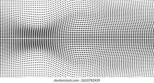 Flowing dots particles wave pattern 3D curve halftone black gradient curve shape isolated on white background. Vector in concept of technology, science, music, modern wave classic