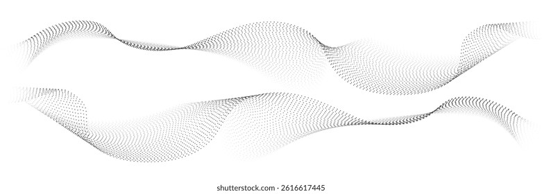 Flowing dots particles wave pattern halftone gradient curve shape isolated on white background. Vector in concept of technology,