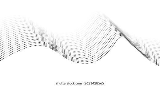 Flowing dots particles wave pattern halftone gradient curve shape isolated on transparent background. Vector in concept of technology, science, music, modern flowing geometric backdrop.