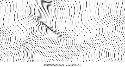 Flowing dots particles wave pattern 3D curve halftone black gradient curve shape isolated on white background. Vector in concept of technology, science, music, modern wave classic