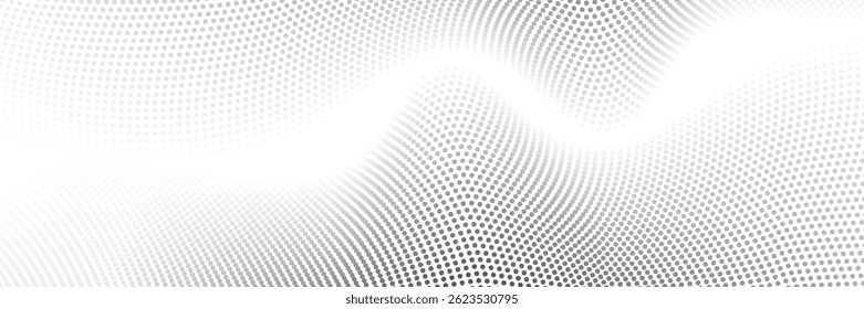 Flowing dots particles wave pattern 3D curve halftone black gradient curve shape isolated on white background. vector