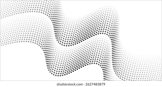 Flowing dots particles wave pattern halftone gradient curve shape isolated on white background. Vector in concept of technology, science, music, modern.