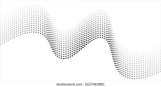 Flowing dots particles wave pattern halftone gradient curve shape isolated on white background. Vector in concept of technology, science, music, modern.