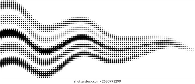 Flowing dots particles wave pattern halftone gradient curve shape isolated on white background. Vector