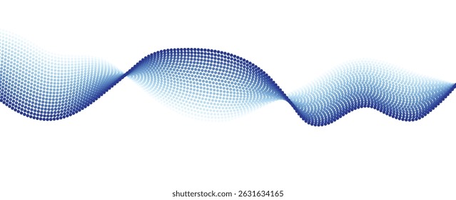 Flowing dots particles wave pattern blue isolated on white background. Vector in concept of technology, science, music, modern.