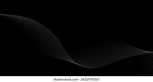 Flowing dots particles wave pattern halftone gradient curve shape isolated on white background. Vector in concept of technology, science, music, modern.