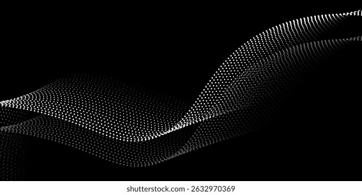 Flowing dots particles wave pattern halftone gradient curve shape isolated on white background. Vector in concept of technology, science, music, modern.