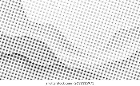 Flowing dots particles wave pattern halftone gradient with organic curve shape isolated on white background. Vintage vector in concept of technology, science, music, modern.