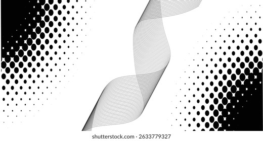 Flowing dots particles wave pattern 3D curve halftone black gradient curve shape isolated on white background. Vector in concept of technology simple art