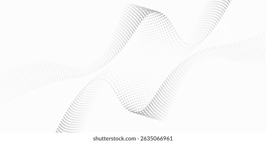 Flowing dots particles wave pattern halftone gradient curve shape isolated on white background. 