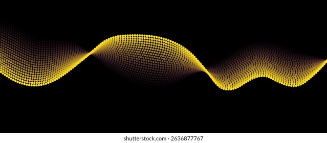 Flowing dots particles wave pattern yellow isolated on black background. Vector in concept of technology, science, music, modern.