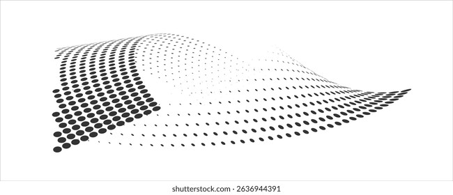 Flowing dots particles wave pattern halftone gradient curve shape isolated on white background. Vector in concept of technology, science, music, modern.